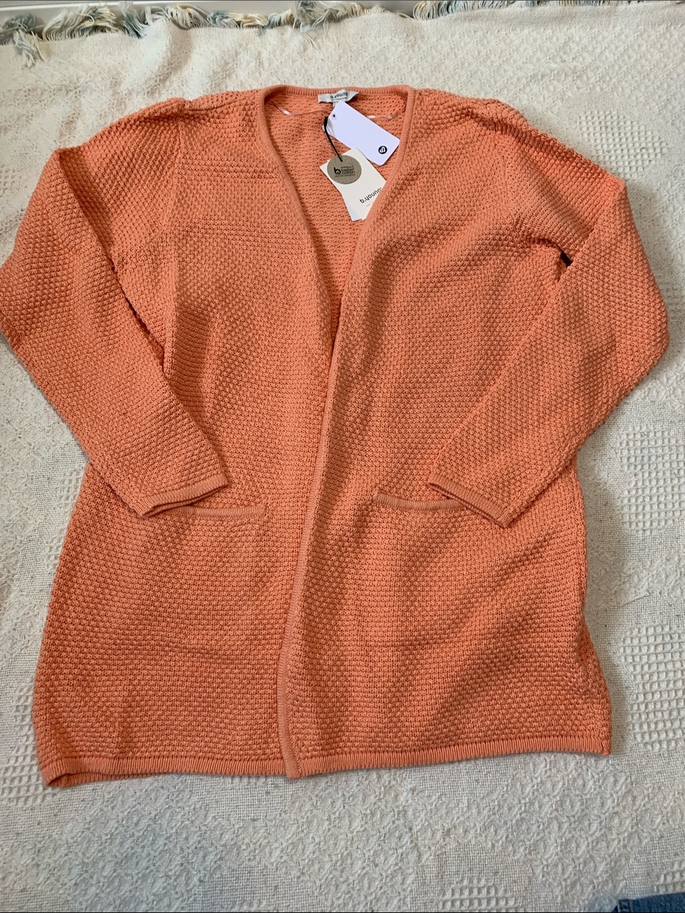 Open-Front Coral/orange Knit Cardigan with Front Pockets - Women